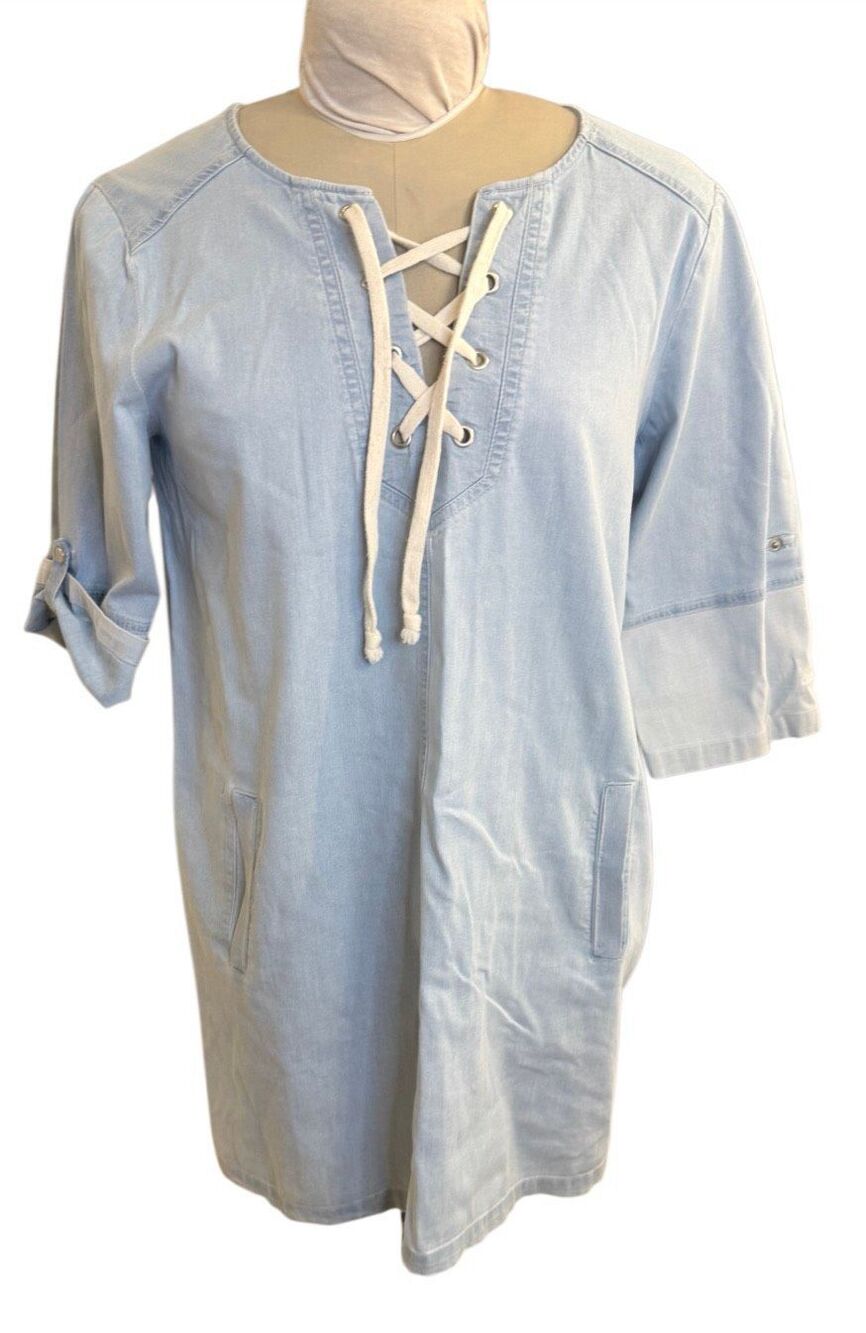 Jack By BB Dakota Denim Chambray Dress Tunic Roll Tab Sleeve Small Boho Weekend